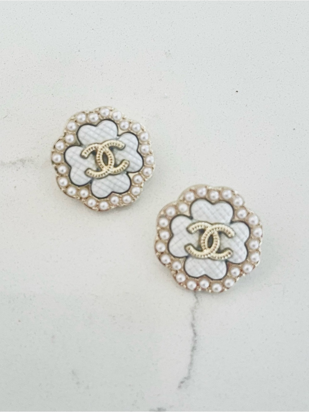 Luxury White/Gold/Faux Pearl Camellia Upcycled Logo Button Earrings 22mm